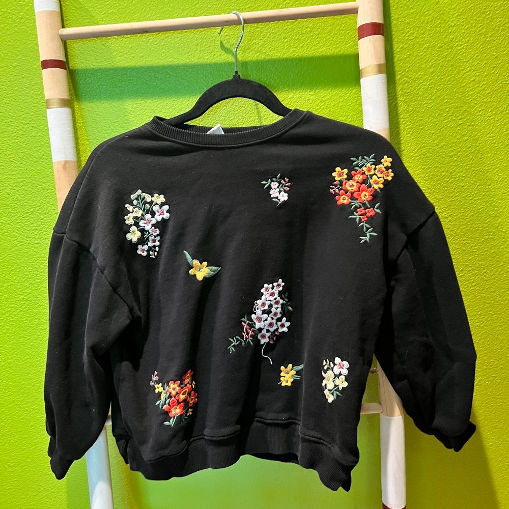 Zara Kids, Black Embroidered Flower Sweatshirt, Size 10